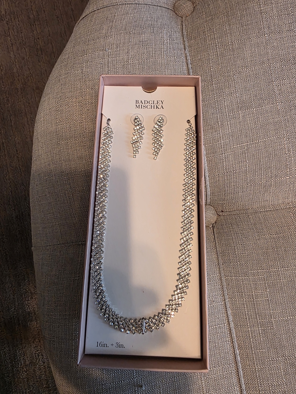 Badgley Mischka Silver Crystal Necklace and Drop Earrings Set